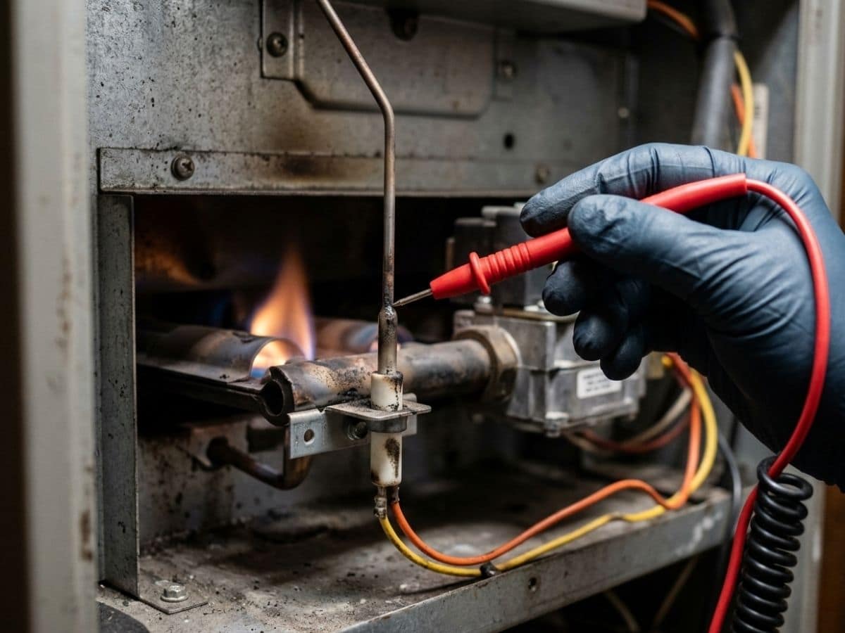 Murray HVAC Pros technician testing a furnace flame sensor with a multimeter