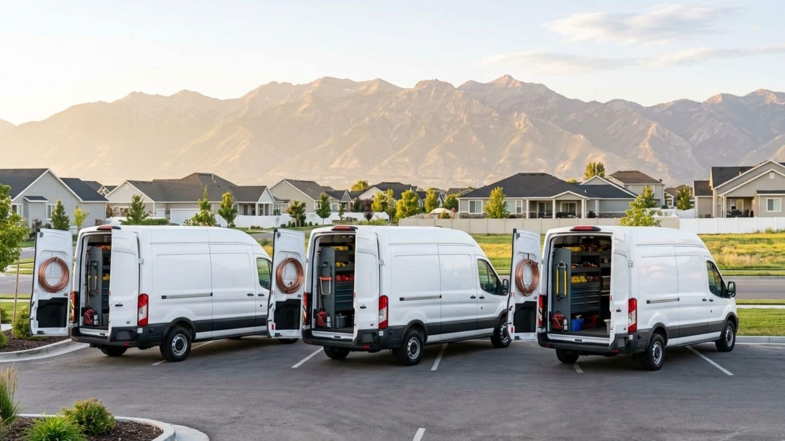 Murray HVAC Pros service trucks lined up at the Murray shop