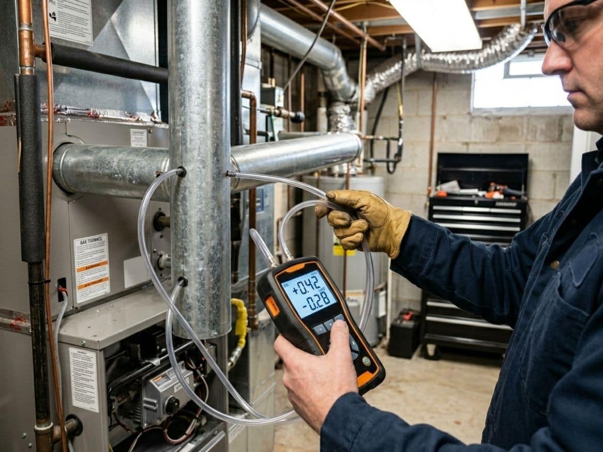 Manometer measuring static pressure on a Murray home's HVAC ductwork